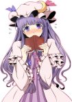  blush book breasts dress face hat long_hair patchouli_knowledge purple_eyes purple_hair ribbon sawade solo touhou violet_eyes 