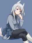  animal_ears aurora_e_juutilainen black_legwear boots chin_rest crossed_legs legs_crossed light_smile military military_uniform pantyhose purple_eyes silver_hair simple_background sitting solo strike_witches tail uniform violet_eyes youkan 