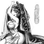  antaria breasts cleavage guai_qing hair_ornament large_breasts liaozhai_zhiyi light_smile monochrome naked_apron signature sketch solo 