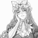  breasts bust cleavage elbow_gloves face gloves hand_on_own_face hands hat long_hair monochrome shiba_itsuki simple_background smile solo touhou yakumo_yukari 