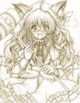  animal_ears cokua frills glasses gloves highres long_hair monochrome open_mouth original smile solo traditional_media 