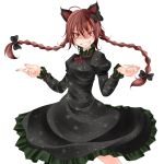  ahoge animal_ears braid cat_ears dress fingernails frills grin hands kaenbyou_rin looking_at_viewer red_eyes red_hair redhead ribbon s-syogo shaded_face simple_background skirt slit_pupils smile solo touhou twin_braids twintails 