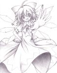  bow cirno cokua dress hair_bow hand_on_hip highres hips monochrome open_mouth short_hair solo touhou traditional_media wings 