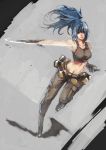  armpits bandolier bare_shoulders blue_hair dutch_angle gloves hair_over_one_eye ian_olympia king_of_fighters leona_heidern long_hair midriff navel pants ponytail running sketch snk solo speed_lines tank_top watermark 