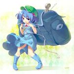  1girl backpack bag blue_eyes blue_hair blueberry_(5959) boots hair_bobbles hair_ornament hat kawashiro_nitori key open_mouth short_hair smile solo touhou twintails 