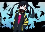  bad_id bird black_hair ene_(kagerou_project) gas_mask hands_in_pockets headphone_actor_(vocaloid) red_eyes sad_fuka solo vocaloid 