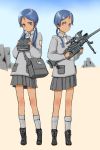 bag bindi boots braid coh dark_skin gun original ruins school_uniform siblings skirt twins twintails weapon 