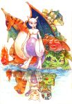  blue_eyes bulbasaur cannon charizard charmander clone closed_eyes different_reflection fire flame grin mewtwo no_humans norisa pokemon pokemon_(anime) pokemon_(creature) purple_eyes red_eyes reflection simple_background sitting smile squirtle standing traditional_media venusaur water wink 
