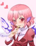  alternate_costume animal_ears blush eating face food food_on_face fork haruichi heart holding holding_fork mystia_lorelei no_hat no_headwear pink_hair red_eyes simple_background solo touhou wings 