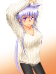  arm_up black_legwear blue_eyes glasses gradient gradient_background heterochromia highres lavolpe_(yagisaka_seto) light_smile long_hair original pantyhose payot purple_eyes ribbed_sweater silver_hair solo sweater very_long_hair violet_eyes yagisaka_seto 