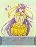  ahoge blue_eyes bow bubble_skirt choker cosplay cure_moonlight cure_muse cure_muse_(cosplay) cure_muse_(yellow) cure_muse_(yellow)_(cosplay) curegolgom dress embarrassed hair_ribbon heartcatch_precure! long_hair precure purple_hair ribbon smile solo suite_precure translation_request tsukikage_yuri yellow yellow_background yellow_dress yellow_ribbon 