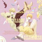  ahoge blonde_hair boots candy casual coat earrings english fate/prototype fate/zero fate_(series) fingerless_gloves gilgamesh gloves green_eyes gun heart heart_hands jewelry male money multiple_boys pianowhite red_eyes revolver saber_(fate/prototype) scarf short_hair weapon 