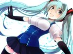  74_(teduka) aqua_eyes aqua_hair elbow_gloves gloves hatsune_miku highres long_hair musical_note open_mouth outstretched_arms skirt solo spread_arms thigh-highs thighhighs twintails very_long_hair vocaloid 