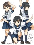  arms_up bangs black_hair blunt_bangs blush brown_eyes brown_hair fubuki_(kantai_collection) hatsuyuki_(kantai_collection) kantai_collection leg_up long_hair looking_at_viewer maruki_(punchiki) multiple_girls outstretched_arms pleated_skirt school_uniform serafuku shirayuki_(kantai_collection) short_hair short_sleeves skirt smile spread_arms squatting twintails twitter_username v 