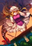  bad_id blonde_hair bow breasts dithering dress expressionless from_above fs-project gap hand_in_hair hat highres large_breasts long_hair pantyhose red_eyes seiza sitting solo touhou white_legwear yakumo_yukari 