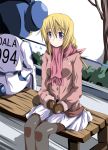  charlotte_dunois chunichi_dragons clothes_writing crossover doala infinite_stratos long_hair mascot mister_(black_and_white) mittens nippon_professional_baseball pantyhose park_bench purple_eyes scarf team_mascot violet_eyes winter_clothes 
