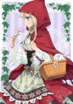  1girl acorn basket blonde_hair blue_eyes blush bottle bracelet braid breasts cape corset dress flower grimm&#039;s_fairy_tales hood hoshi_hinode jewelry little_red_riding_hood little_red_riding_hood_(grimm) long_hair rabbit solo twin_braids wine 