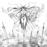  antaria field_of_blades long_hair looking_at_viewer monochrome original signature sketch solo standing_on_one_leg sword weapon 