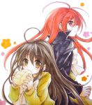  bread brown_eyes coat dual_persona food long_hair melon_bread red_eyes red_hair redhead school_uniform serafuku shakugan_no_shana shana tachitsu_teto traditional_media 