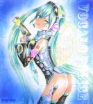  detached_sleeves gun hatsune_miku headphones holster long_hair looking_back marker_(medium) mayo_riyo open_mouth pastel_(medium) revolver solo sparkle thigh-highs thighhighs traditional_media twintails very_long_hair vocaloid weapon 