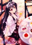  absurdres artist_request black_hair black_legwear boots breasts cake chair cleavage cup dress food fork from_above hairband hayakawa_harui highres leaf light_smile long_hair looking_at_viewer okushiro_yuki pantyhose plate red_eyes solo spoon teacup the_garden_of_fifth_zoa very_long_hair white_dress 