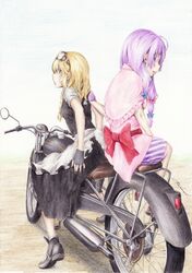  :p back blonde_hair blush braid colored_pencil_(medium) dress fingerless_gloves gloves goggles hair_ribbon highres kirisame_marisa long_hair motor_vehicle motorcycle multiple_girls no_hat no_headwear open_mouth patchouli_knowledge ribbon rpracing smile tongue touhou traditional_media vehicle yellow_eyes 