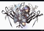  absurdres apron black_gloves blue_hair boots breasts cocoaore gloves hair_ornament hairclip headdress highres holding intravenous_drip knee_boots letterboxed long_hair long_sleeves original parted_lips scissors shushing signature skirt smile solo syringe waist_apron 