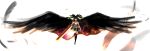  absurdres arms_up bad_id black_eyes black_hair black_legwear black_wings bow cape feathers hair_bow highres hosimo large_wings long_hair reiuji_utsuho serious simple_background solo tears thigh-highs thighhighs third_eye touhou white_background wings 
