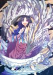  bare_shoulders black_hair dragon houraisan_kaguya ichiyan long_hair navel off_shoulder open_mouth red_eyes smile solo spell_card touhou 