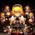  alice_margatroid blonde_hair blue_dress blue_eyes bow capelet cover dj doll_joints dress glowing glowing_eye hair_bow hairband hanging headphones hourai_doll iosys long_hair marionette missing_eye mixer red_dress shaded_face shanghai_doll short_hair sitting smile torn_clothes touhou ume_(illegal_bible) 