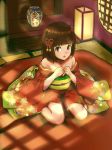  1girl :o bare_shoulders blush brown_hair butaneko highres japanese_clothes kimono kotonoi_sakura looking_at_viewer off_shoulder open_mouth original short_hair sitting solo vase violet_eyes wallpaper wariza 