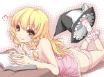  blonde_hair book braid brown_eyes camisole cup face feet footwear grin hands hat hat_removed headwear_removed kirisame_marisa long_hair lying no_shoes noumin on_stomach panties smile socks soles solo striped striped_panties tea teacup toe_spread toes touhou underwear underwear_only white_legwear witch witch_hat 