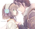  1girl alvin_(tales_of_xillia) bad_id bow brown_eyes brown_hair cravat eye_contact frown green_eyes hair_ribbon hairband hand_holding holding_hands kanaso529 leia_roland looking_at_another ribbon serious short_hair simple_background tales_of_(series) tales_of_xillia title_drop white_background 