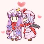  bat_wings blue_hair bow chibi crescent dress hair_bow hat long_hair multiple_girls natsuki_(silent_selena) open_mouth patchouli_knowledge perfect_cherry_blossom purple_hair remilia_scarlet scarf shared_scarf short_hair smile touhou wings |_| 