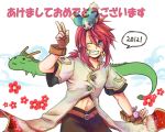 2012 :3 belt coat creature dragon flower gloves green_eyes grin luke_fon_fabre male mieu pants red_hair redhead simple_background smile tales_of_(series) tales_of_the_abyss tara_(677965) v white_background wink 