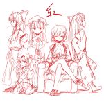  ascot bow couch crescent crossed_legs detached_sleeves flandre_scarlet fujiwara_no_mokou hair_bow hair_tubes hakurei_reimu hat highres kazami_yuuka legs_crossed long_hair miko miyo_(ranthath) monochrome multiple_girls patchouli_knowledge short_hair side_ponytail sitting sketch smile touhou wariza wings youkai 