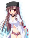    :d arms_behind_back asa_no_ha blush bow bow_panties braid brown_hair choker collarbone dress_shirt gift hat leaning_forward navel open_fly open_mouth original panties red_eyes ribbon shirt short_shorts shorts smile solo striped striped_panties unbuttoned underwear unzipped 