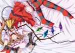 ascot blonde_hair chain chains collar flandre_scarlet frills hat lace mainekoruru red_eyes side_ponytail solo striped striped_legwear the_embodiment_of_scarlet_devil thighhighs touhou wings 