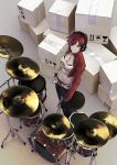  bad_id belt box cardboard_box casual chevasis drum drumsticks fingerless_gloves from_above gloves headphones highres instrument jewelry meiko midriff navel necklace red_eyes red_hair redhead short_hair vocaloid whale_tail 
