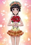  absurdres black_hair bouquet brown_eyes dress flower hairband highres orange_dress pink_background red_rose rose short_hair smile solo to_aru_kagaku_no_railgun to_aru_majutsu_no_index uiharu_kazari 