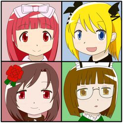  4girls blonde_hair blue_eyes brown_eyes brown_hair casper deathsmiles flower follett glasses hair_flower hair_ornament half_rim_glasses hat mahou_shoujo_madoka_magica mole multiple_girls nurse_cap parody portrait red_eyes red_hair red_rose redhead ribbon rosa_(deathsmiles) rose semi-rimless_glasses smile style_parody windia 