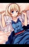  alice_margatroid bed_sheet blonde_hair blue_dress blue_eyes buttons capelet dress frilled_skirt hairband highres letterboxed looking_at_viewer lying on_back open_mouth s-syogo sash short_hair solo touhou 