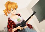  1girl 1up breasts chalkboard cleavage dutch_angle echiko female green_eyes guitar_hero jeans long_hair meago mushroom nyan_cat open_mouth orange_eyes original piranha_plant plaid ponytail signature sleeves_rolled_up solo super_mario_bros. tank_top 