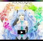  blue_hair colorful detached_sleeves green_eyes hatsune_miku highres letterboxed long_hair necktie open_mouth play-button play_button rainbow rainbow_order smile solo twintails very_long_hair vocaloid yache 