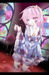  blood blood_on_face bloody_clothes empty_eyes flower futase_hijiri hairband heart komeiji_satori pink_eyes pink_hair revision scissors short_hair smile solo stained_glass third_eye touhou wide_sleeves 