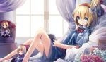  4girls :d alice_margatroid barefoot bed blonde_hair book bow closed_eyes curtains flower flower_pot hair_bow hairband highres looking_at_viewer multiple_girls open_mouth shanghai_doll short_hair sitting smile teco_uk touhou 