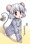  &gt;:o akou_roushi alternate_costume animal_ears bare_legs barefoot basket blush child fingernails grey_hair kneeling mouse mouse_ears mouse_tail nazrin panties red_eyes ribbed_sweater seiza short_hair simple_background sitting solo sweater tail tail_hold touhou translation_request underwear v_arms 