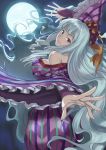  bow breasts bridal_gauntlets from_behind full_moon hair_bow highres idolmaster inu_(aerodog) large_breasts long_hair looking_at_viewer looking_back moon night night_sky outstretched_hand red_eyes shijou_takane silver_hair sky smile solo wide_sleeves 