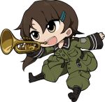  boots brown_eyes brown_hair chibi gakubuchi_aiko hair_ornament hairclip horn instrument military military_uniform open_mouth pocket side_ponytail simple_background sora_no_woto sorami_kanata trumpet unbuckled_belt uniform white_background 