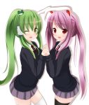  alternate_costume alternate_hairstyle animal_ears aoba_senkiri black_legwear bunny_ears chimunge frog green_hair hair_ornament hair_tubes hand_holding highres holding_hands kochiya_sanae long_hair multiple_girls ponytail purple_hair red_eyes reisen_udongein_inaba skirt thigh-highs thighhighs touhou twintails white_legwear wink yellow_eyes 